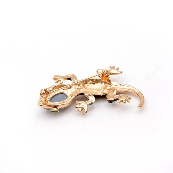 Rhinestone Gold and Black Enamel Lizard Brooch - Picture 5 of 7
